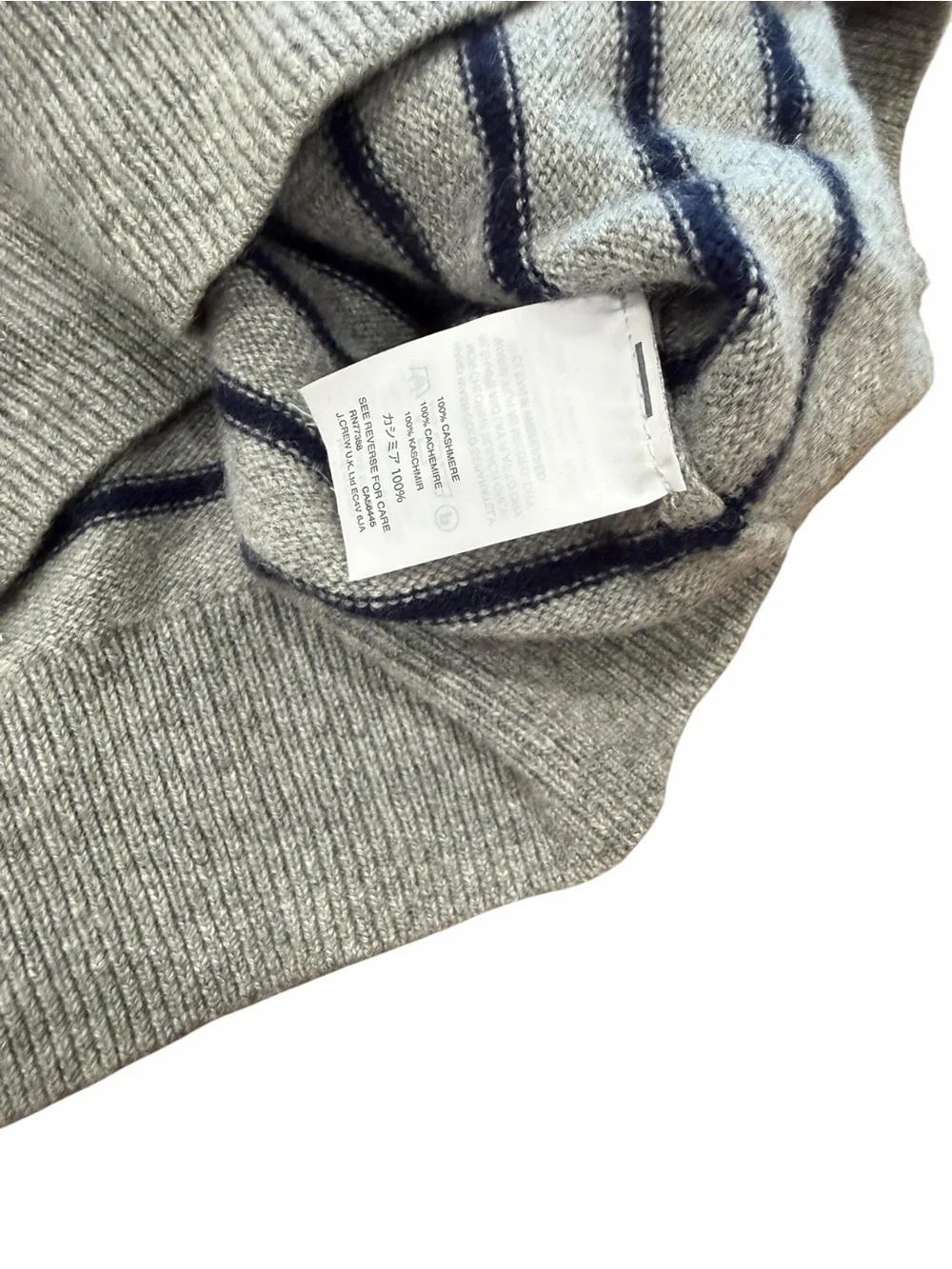 J. Crew 100% Cariaggi Cashmere Gray Crewneck Sweater with Navy Stripes M